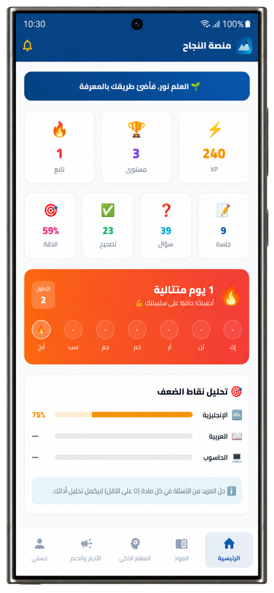 شاشة لوحة التقدّم: نقاط XP والمستوى وسلسلة الإنجاز اليومية